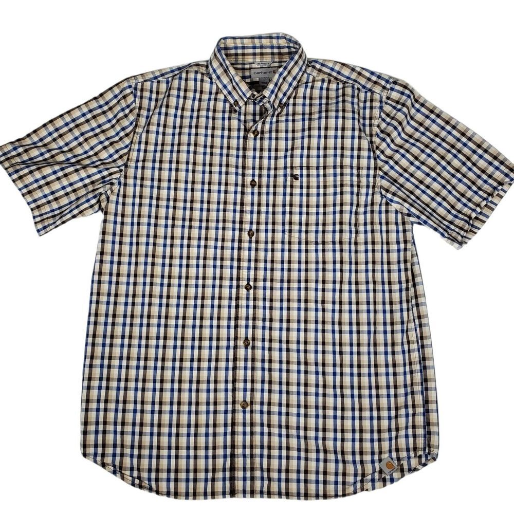 Carhartt Mens Shirt Sz L Short Sleeve‎ Button Up Work Cotton Brown Plaid 101552